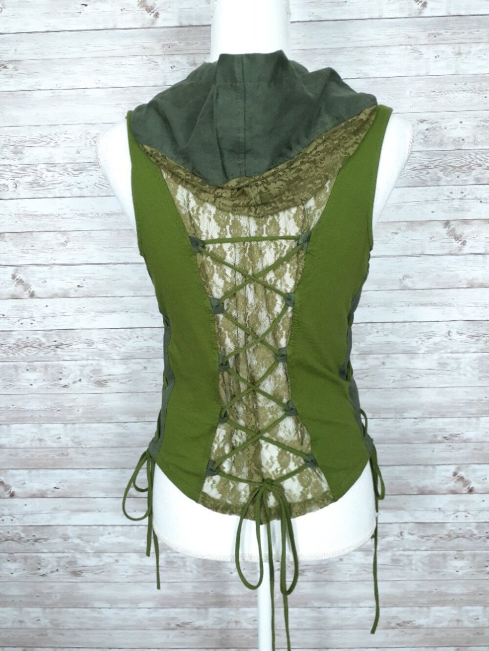 Earthbound Trading Fairy Vest S Hooded Lace Up Green Festival Ren Fair 959A - Picture 4 of 8